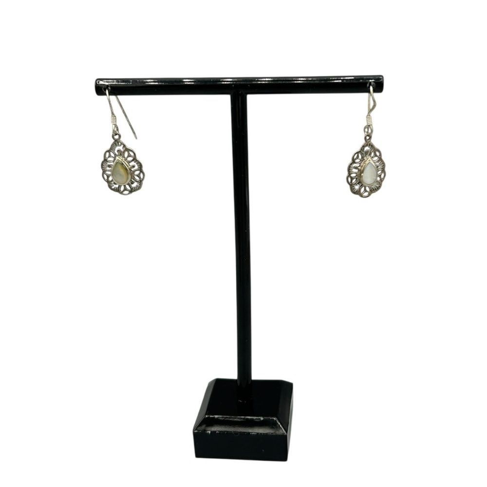 Vintage Silver Tone Teardrop Dangle Earrings Filigree Mother of Pearl Look